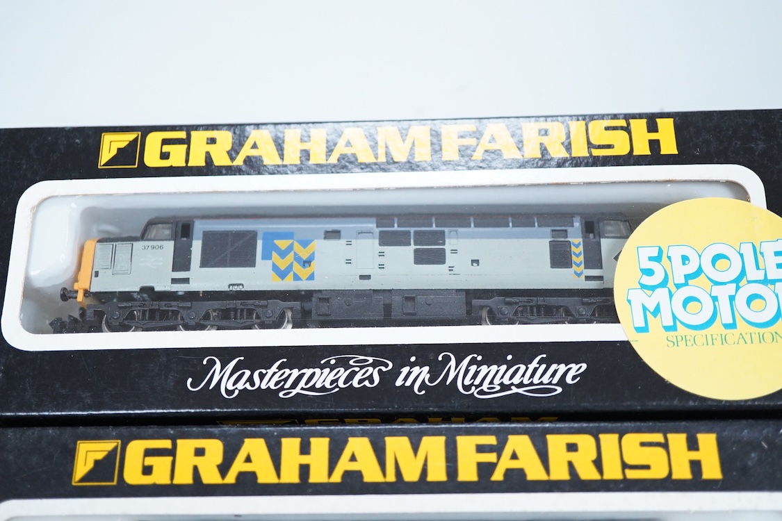 Four boxed Graham Farish N gauge railway diesel locomotives; a BR class 33, D6525 (FA83111), a BR class 33, 33012 (8315), a BR class 33, 33 056 (8316) and a BR class 37, 37 906 (8038).